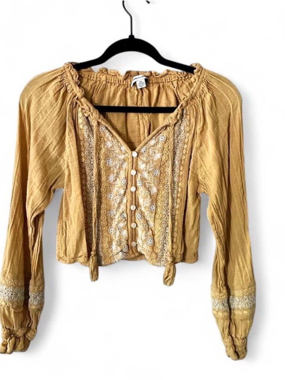 AE Mustard Yellow Lace Peasant Cropped Blouse XXS